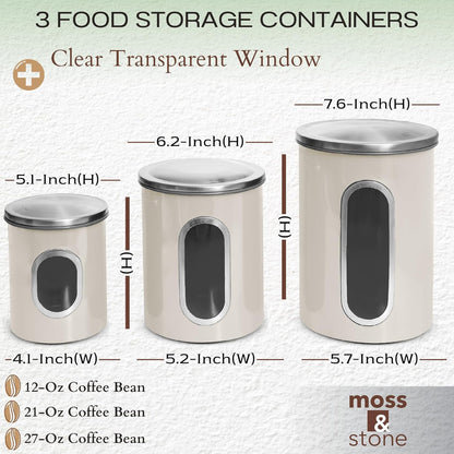 Moss & Stone 3-Piece Beige Canisters Sets For The Kitchen, Airtight Canister Set With See Through