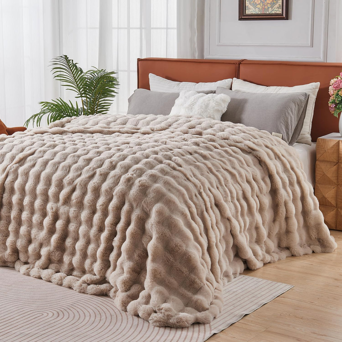 Lotus Karen Faux Fur Throw Blanket Linen - 800 GSM Bubble Rabbit Fluff Blanket for Couch Bed