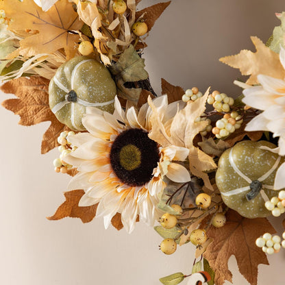 Glitzhome 24''D Artificial Fall Wreath for Front Door, Autumn Wreath with Sunflower, Pumpkin and