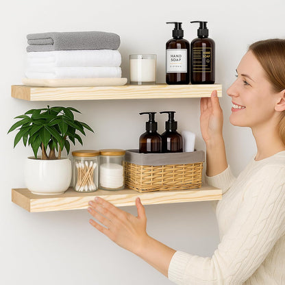 BGMG Wood Floating Shelves 24 inch, Wide Rustic Wooden Wall Shelves for Bathroom Living Room