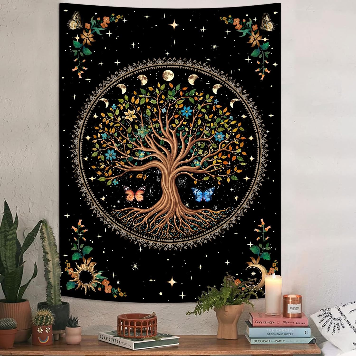Lunerfex Tree of Life Tapestry Moon Phase Wall Tapestry, Green Tapestries for Bedroom Ceiling