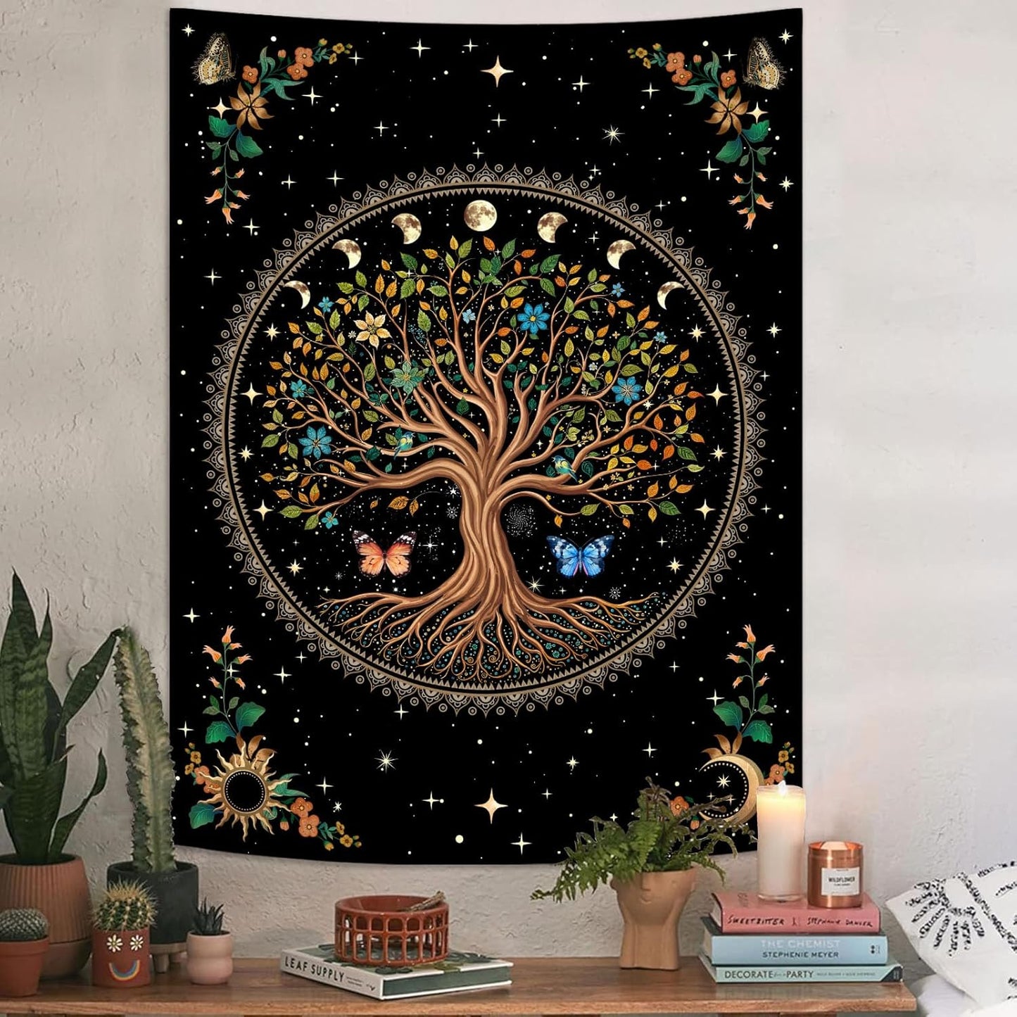 Lunerfex Tree of Life Tapestry Moon Phase Wall Tapestry, Green Tapestries for Bedroom Ceiling