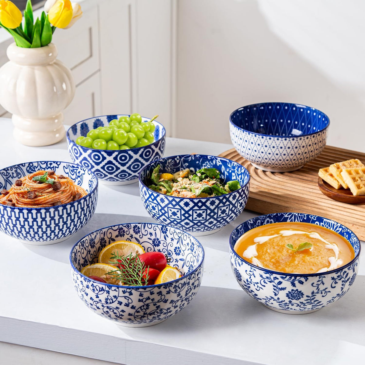 Ceramic Soup Bowls Set - 23 Oz Deep Cereal Bowl for kitchen - 6 Inch Porcelain Salad Bowl for