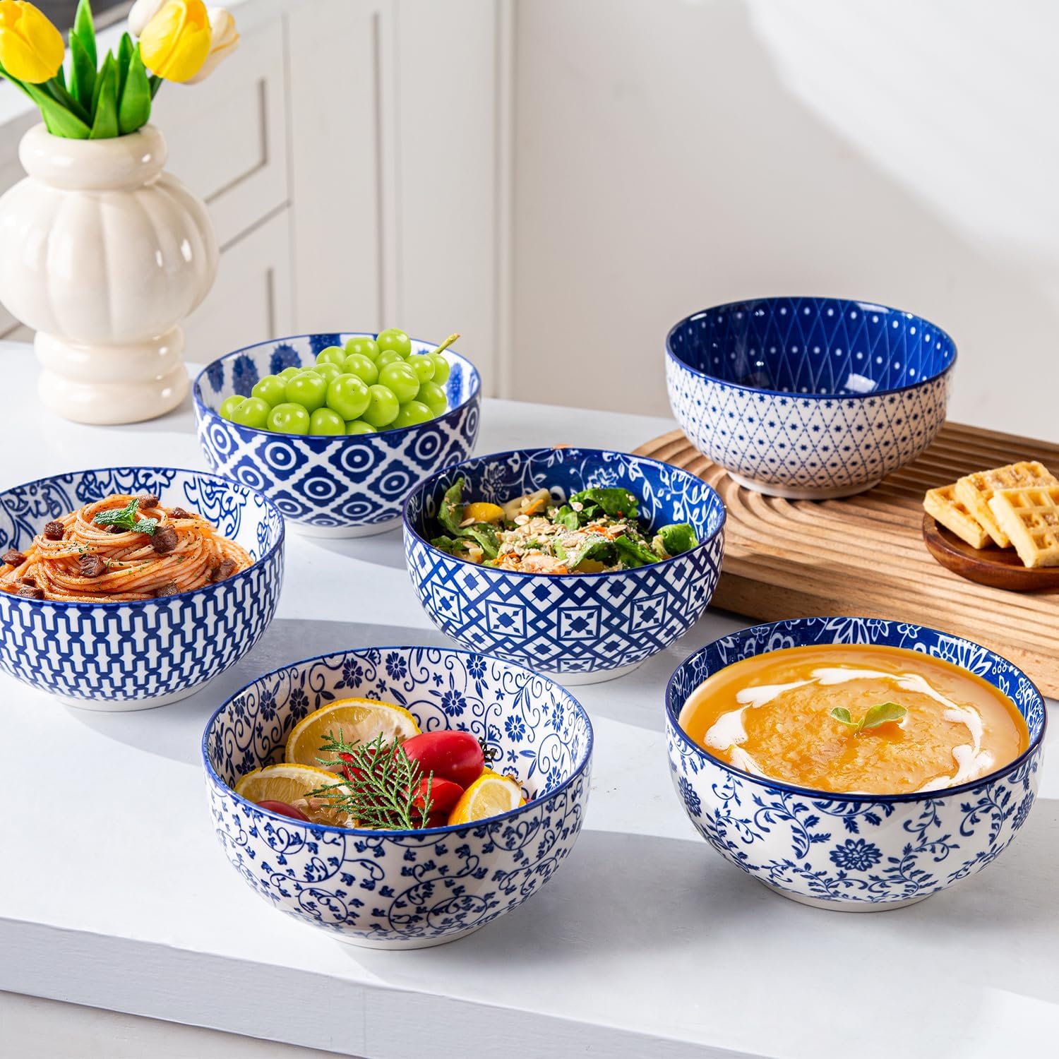 Ceramic Soup Bowls Set - 23 Oz Deep Cereal Bowl for kitchen - 6 Inch Porcelain Salad Bowl for