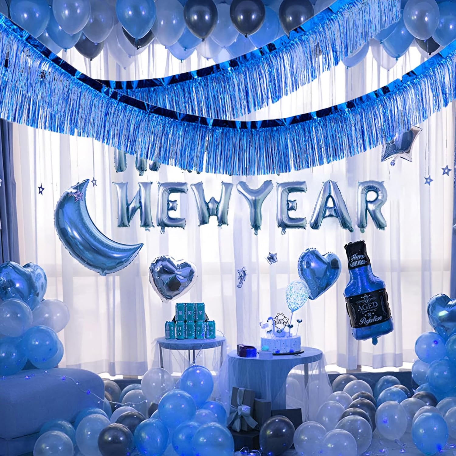Blue Foil Fringe Garland 10FT 6packs, Metallic Foil Tinsel Fringe Banners for Parade Float