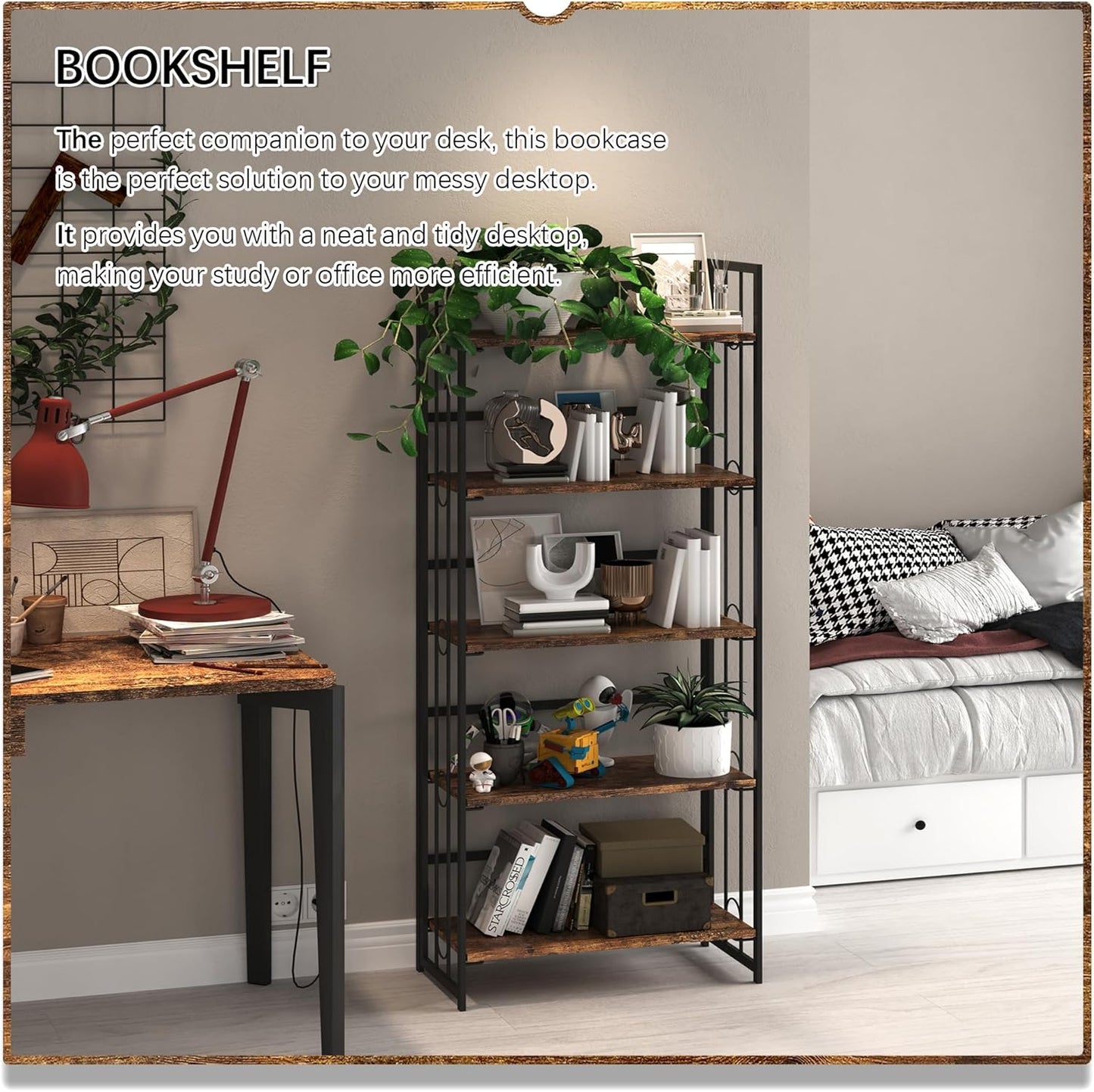 4NM No Assembly 5 Tiers Folding Bookshelf, 59.4" H Foldable Storage Shelves Vintage Bookcase