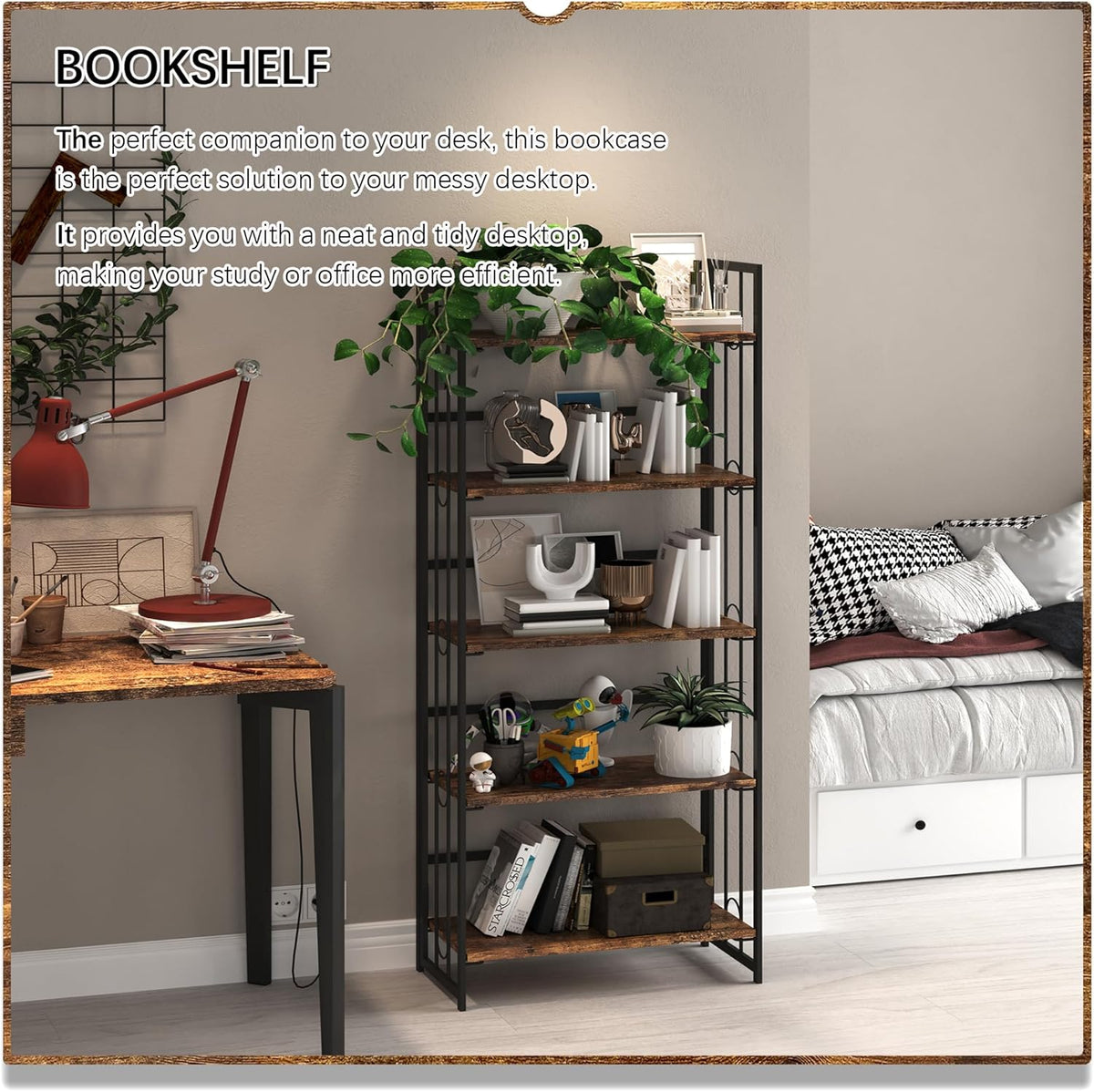 4NM No Assembly 5 Tiers Folding Bookshelf, 59.4" H Foldable Storage Shelves Vintage Bookcase