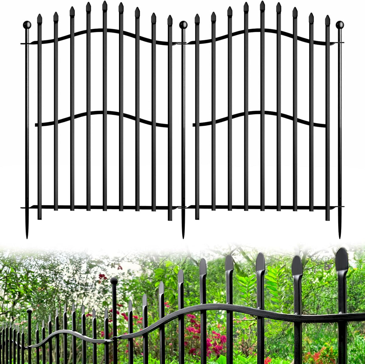 10 Panels No Dig Decorative Garden Fence - 32in H x 22.5ft L, Tall Heavy-Duty Square Tube Animal