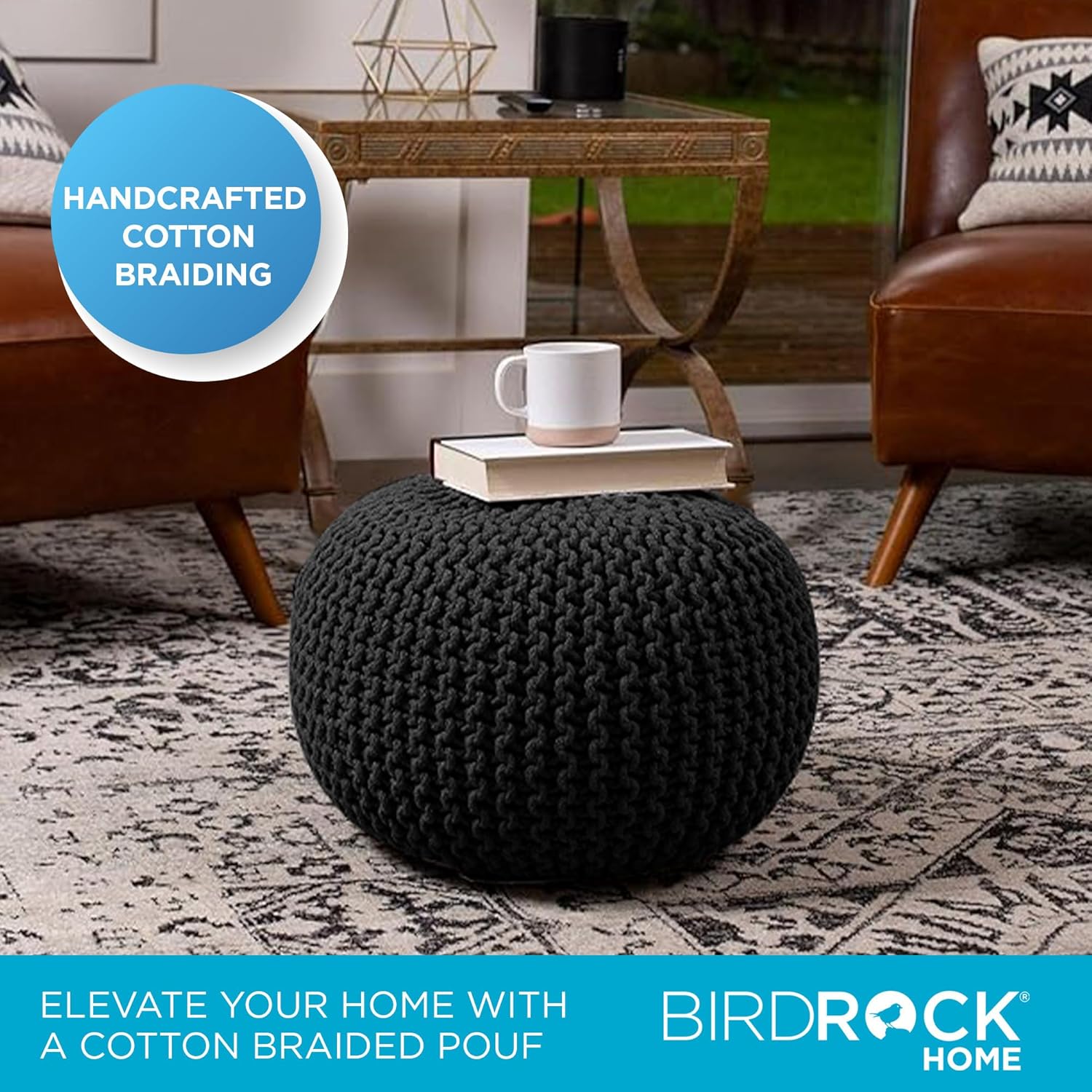 BIRDROCK HOME Round Pouf Ottoman | Cotton Braided Foot Stool with Bean Bag Filling | Boho Foot Rest