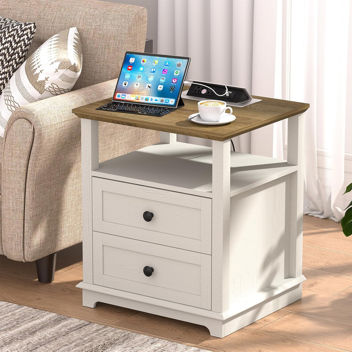 HIFYOBRO End Table with Flip Top Charging Station and 2 Drawers, Type-C & USB Port & Power outlets