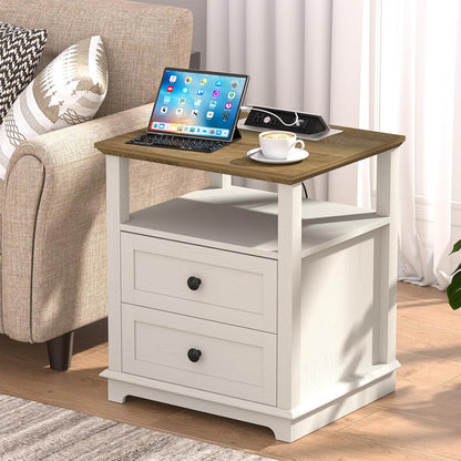 HIFYOBRO End Table with Flip Top Charging Station and 2 Drawers, Type-C & USB Port & Power outlets