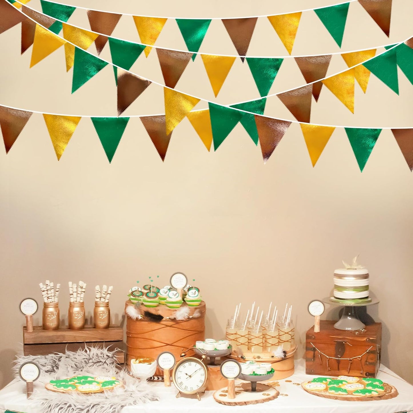 Green Gold Brown Metallic Fabric Triangle Pennant Banner Flag Bunting Garland for Football Jungle
