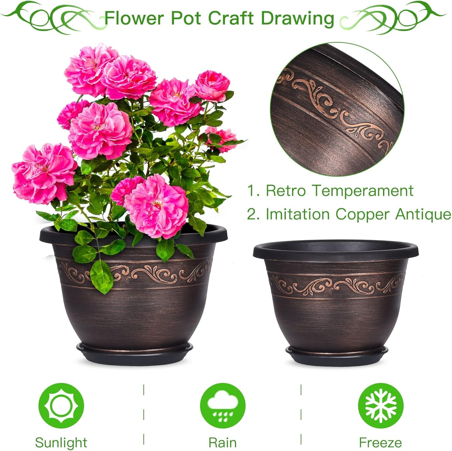 Plastic-Plant-Flower-Planters-8 Inch with Drainage Hole & Saucer, 6 Packs Lightweight Small Resin