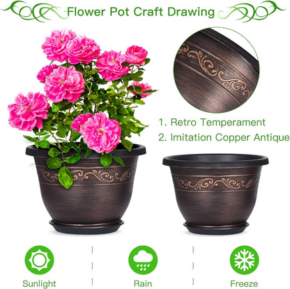 Plastic-Plant-Flower-Planters-12 Inch with Drainage Hole & Saucer, 3 Packs Lightweight Small Resin