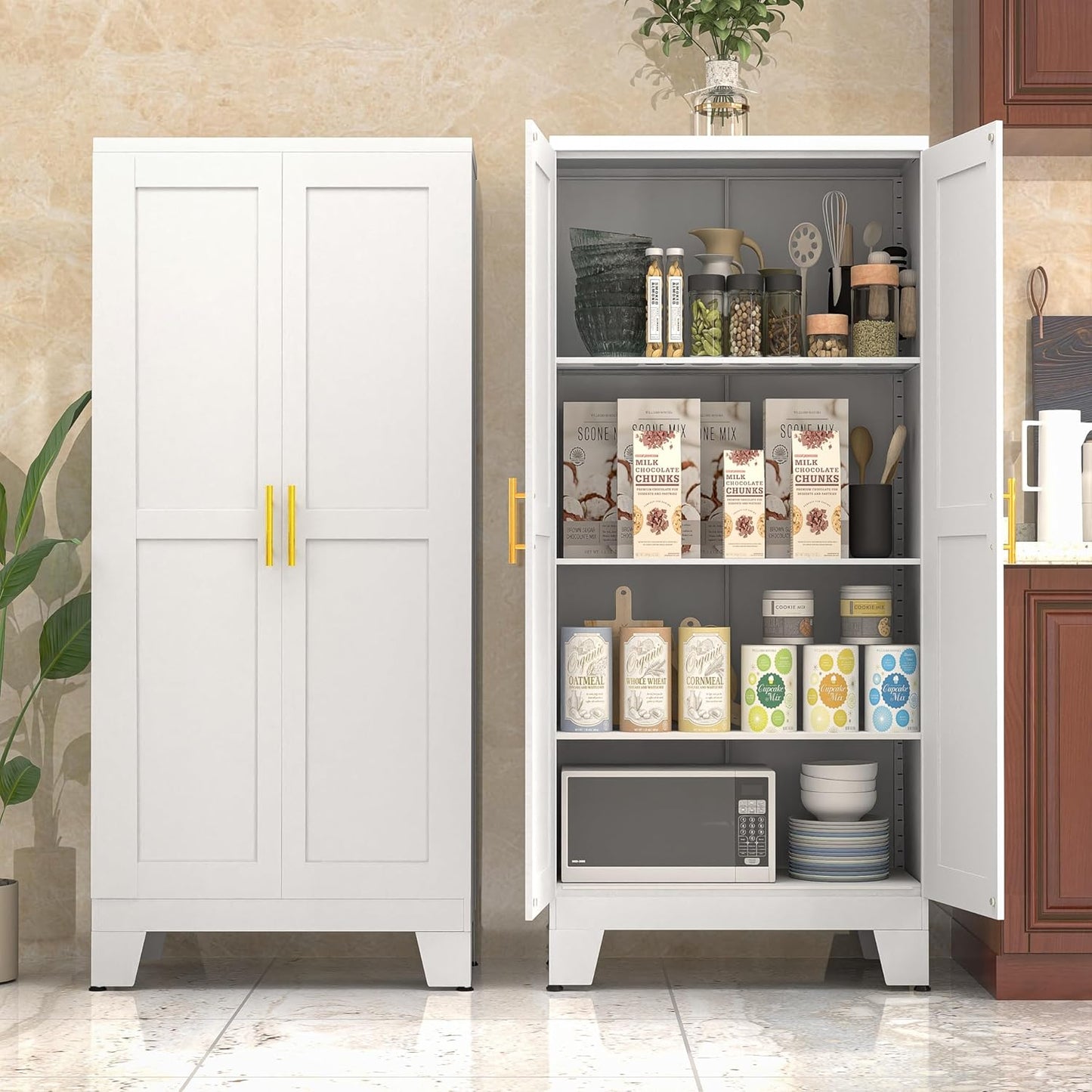 White Metal Kitchen Storage Cabinet, Kitchen Pantry Storage Cabinet with Doors and Shelves, Storage
