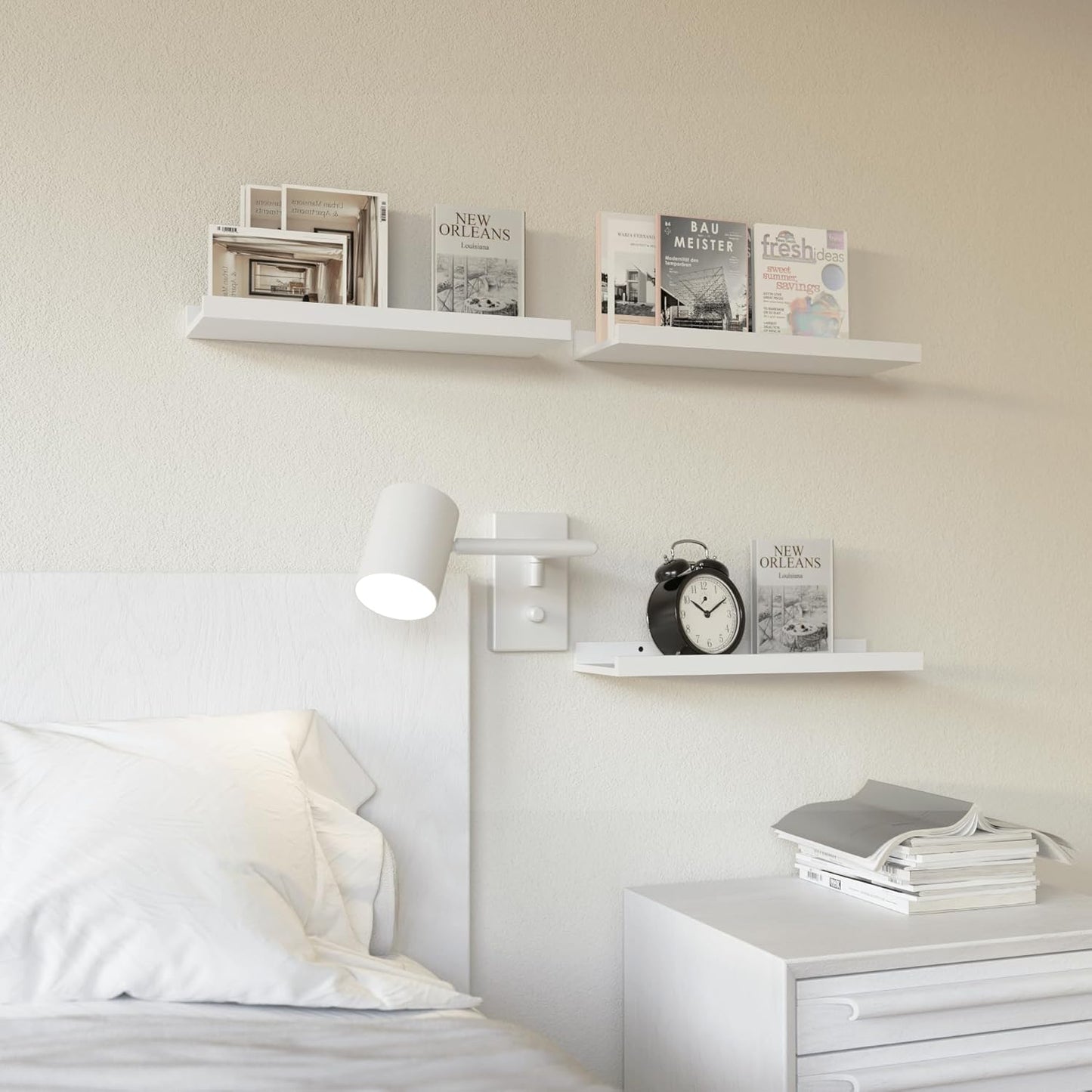 RICHER HOUSE 3 Set White Floating Shelves, Wall Mounted White Shelves for Wall Decor, Picture Ledge