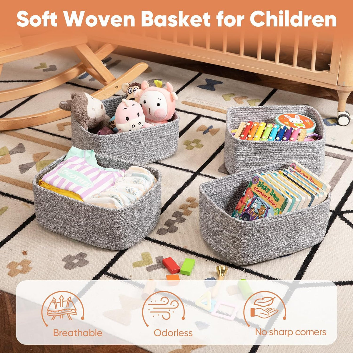 OIAHOMY 4 Pack 14.17*11.02*6.3IN Storage Baskets for Organizing Shelves, Woven Rope Baskets for