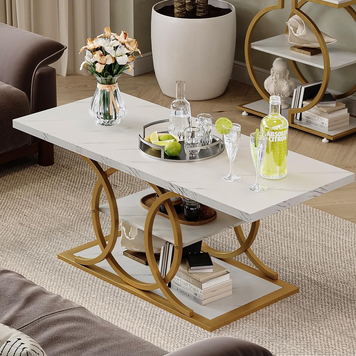 GiftGo Rustic Coffee Table with Storage Modern 3 Tier Center Living Room Table Faux Marble Wooden