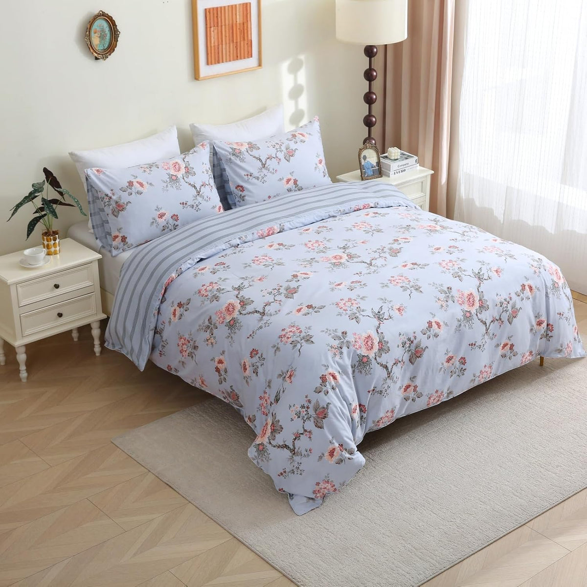 ABREEZE Floral Duvet Cover Queen Size Set Bird Flowers Bedding Set 100% Brushed Cotton Bedding