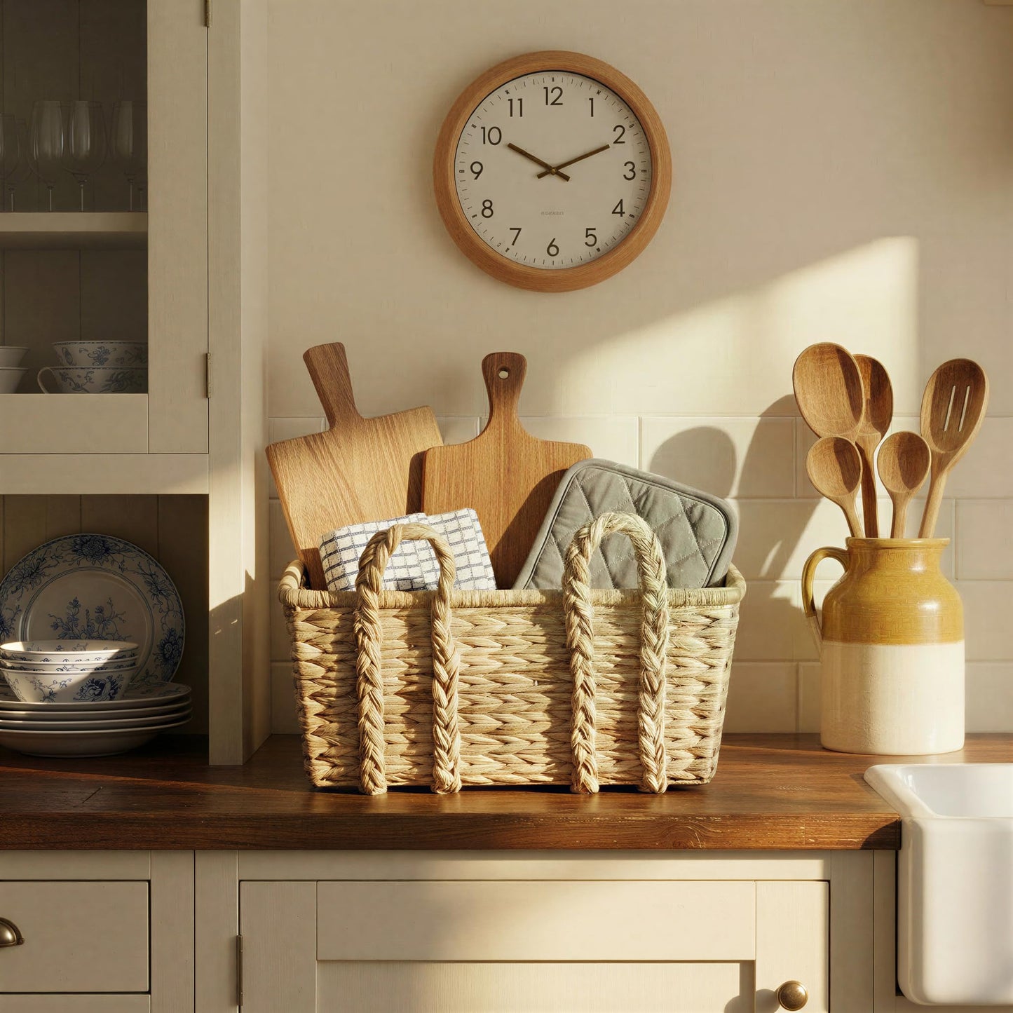 Household Essentials Large Rectangular Floor Storage Basket with Braided Handles, Light Brown
