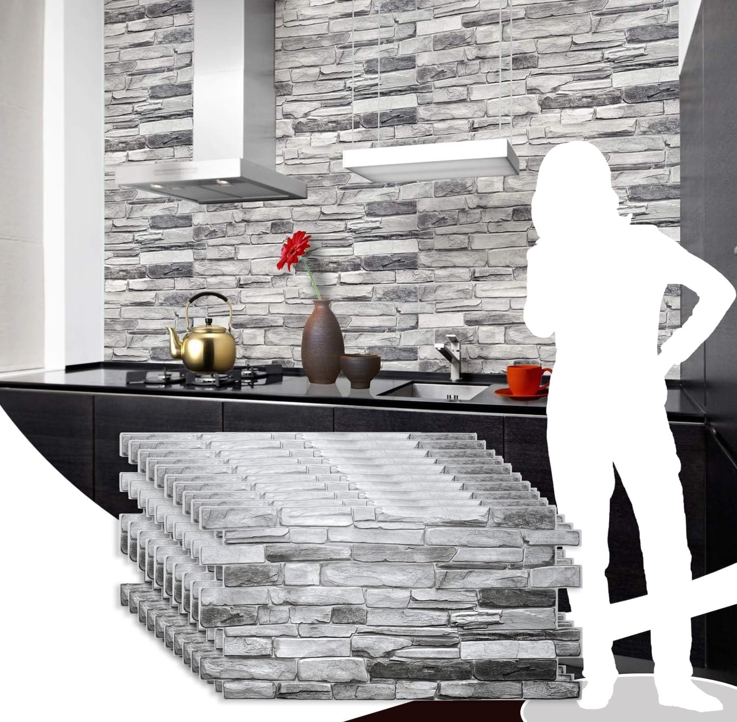Dundee Deco GRAZPG7117-10 Grey Faux Stone PVC 3D Wall Panel, 3.2 ft X 1.6 ft (98cm X 50cm)