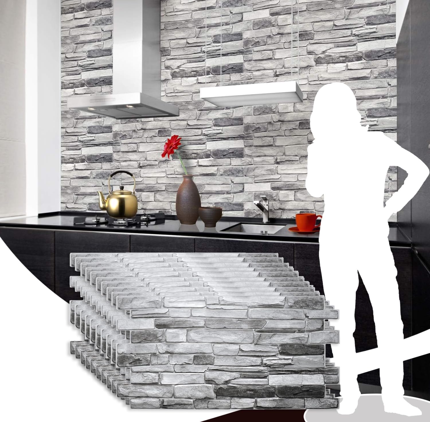Dundee Deco GRAZPG7117-10 Grey Faux Stone PVC 3D Wall Panel, 3.2 ft X 1.6 ft (98cm X 50cm)