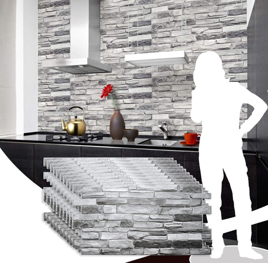 Dundee Deco GRAZPG7117-10 Grey Faux Stone PVC 3D Wall Panel, 3.2 ft X 1.6 ft (98cm X 50cm)
