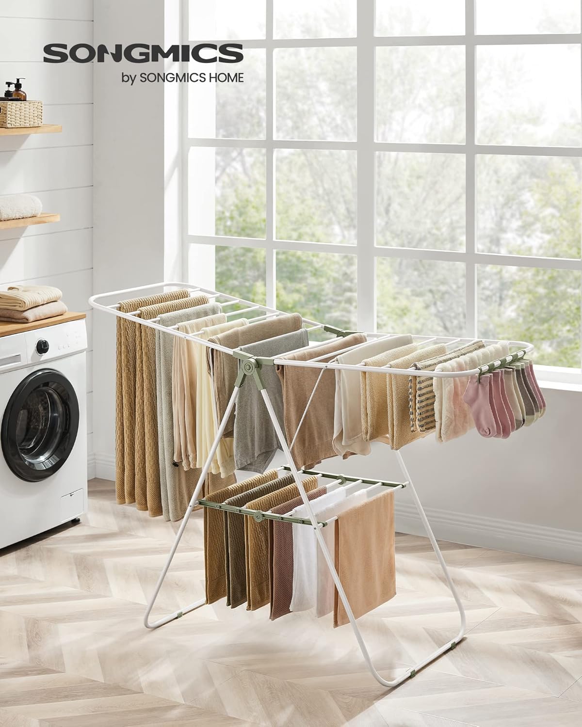 SONGMICS Clothes Drying Rack, with Sock Clips, Metal Laundry Rack, Foldable, Space-Saving