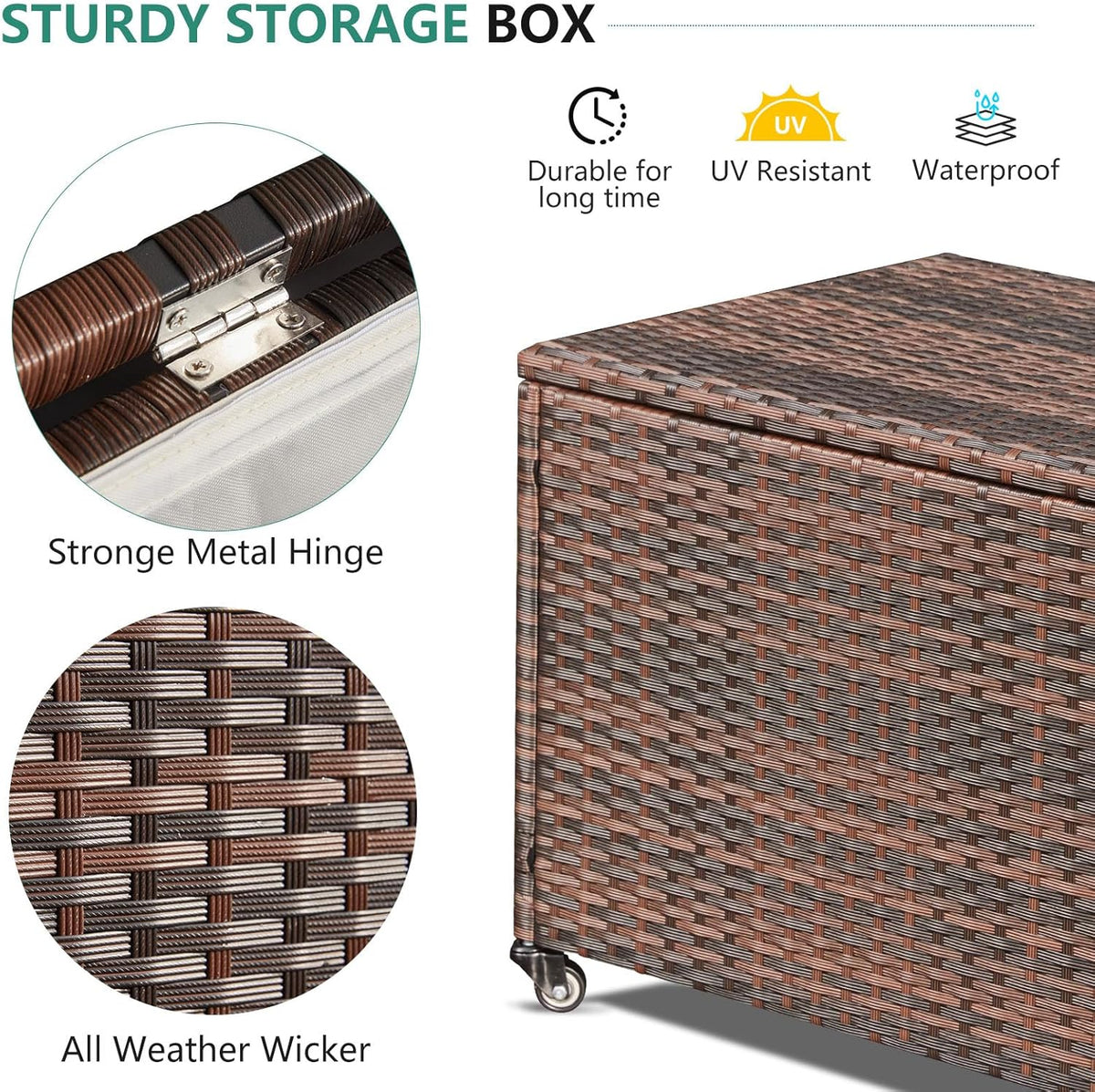 HOMREST Large Deck Box, Outdoor Wicker Storage Container with 70 Gallon, Patio Rattan Furniture for