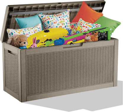 60 Gallon Outdoor Storage Box - Waterproof Resin Rattan Deck Bin for Indoor & Outdoor Use