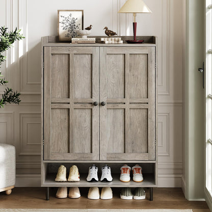 ComfyCorner Shoe Cabinet with Cross Molding Doors, 6-Tier Storage, Grey