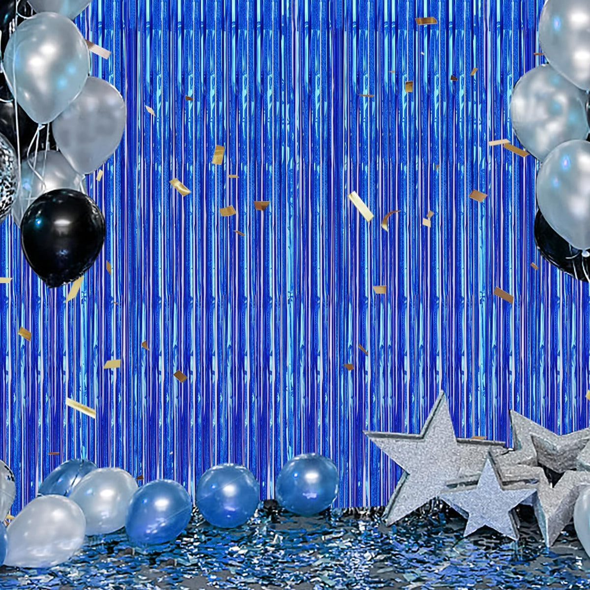 3 Pack Foil Fringe Backdrop - Laser Royal Blue Shiny Tinsel Curtains for Party Decoration/Photo