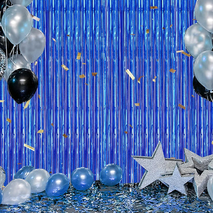 3 Pack Foil Fringe Backdrop - Laser Royal Blue Shiny Tinsel Curtains for Party Decoration/Photo
