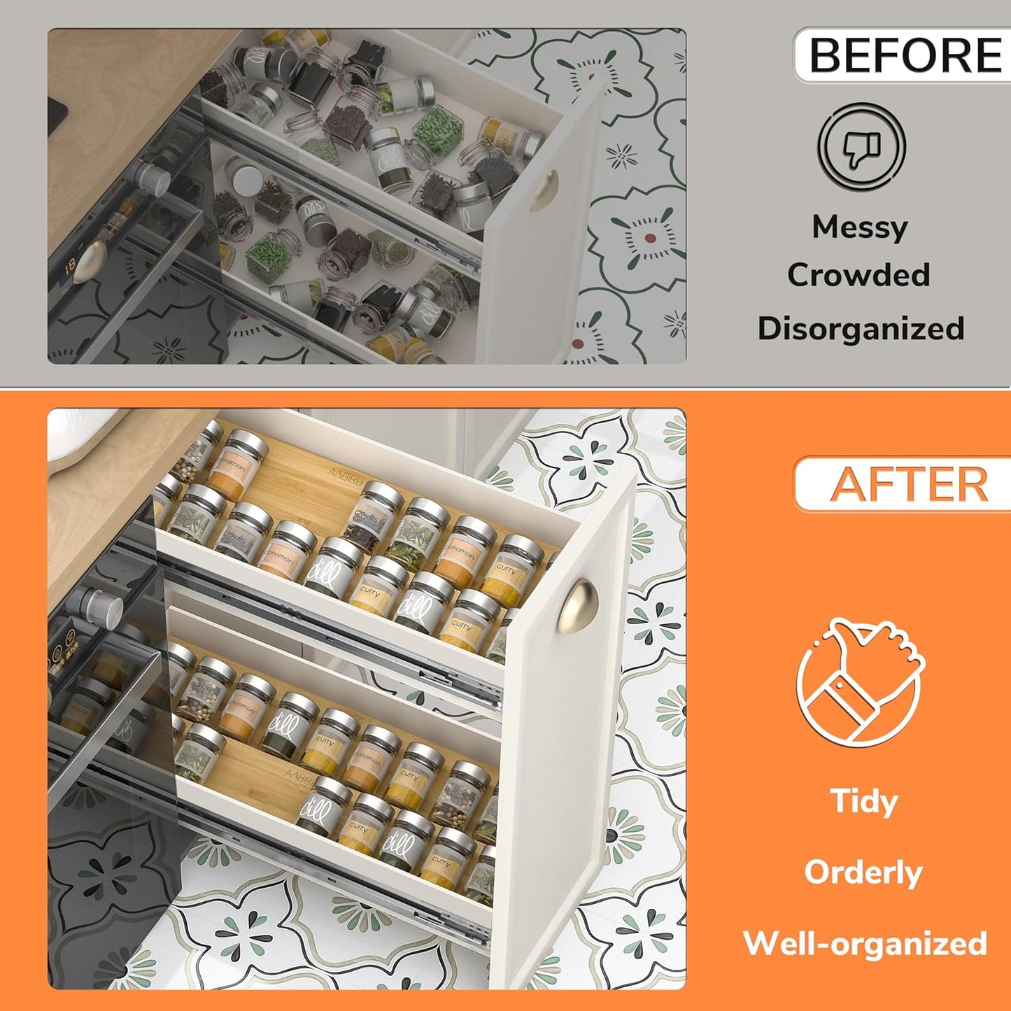 AMBIRD Bamboo Spice Drawer Organizer with Non-slip Mat, 4 Tier Jar Spice Rack Tray 13'',Seasoning