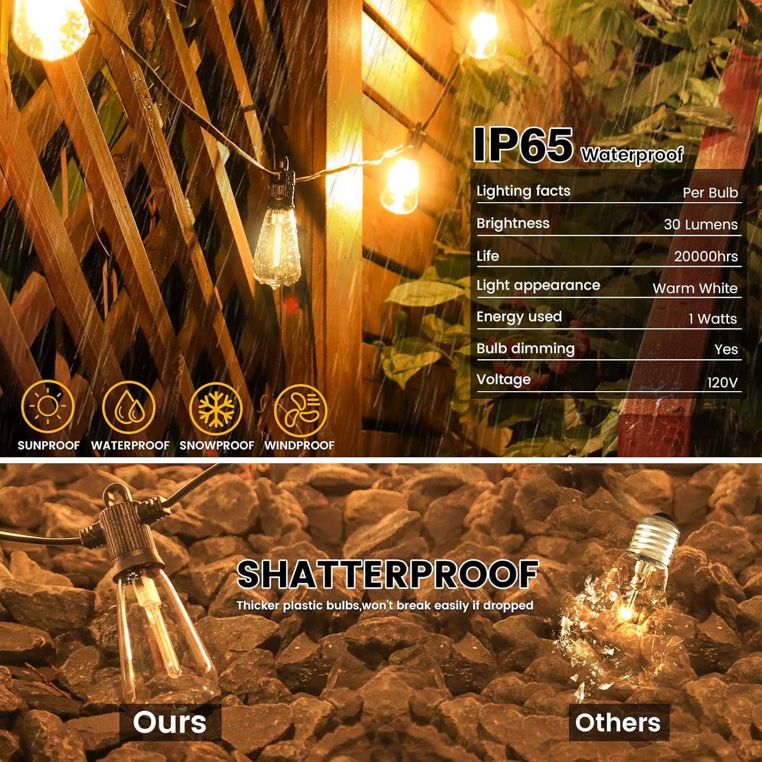 Outdoor Patio String Lights, 240FT LED with 120+4 ST38 Vintage Edison Bulbs, Waterproof Connectable