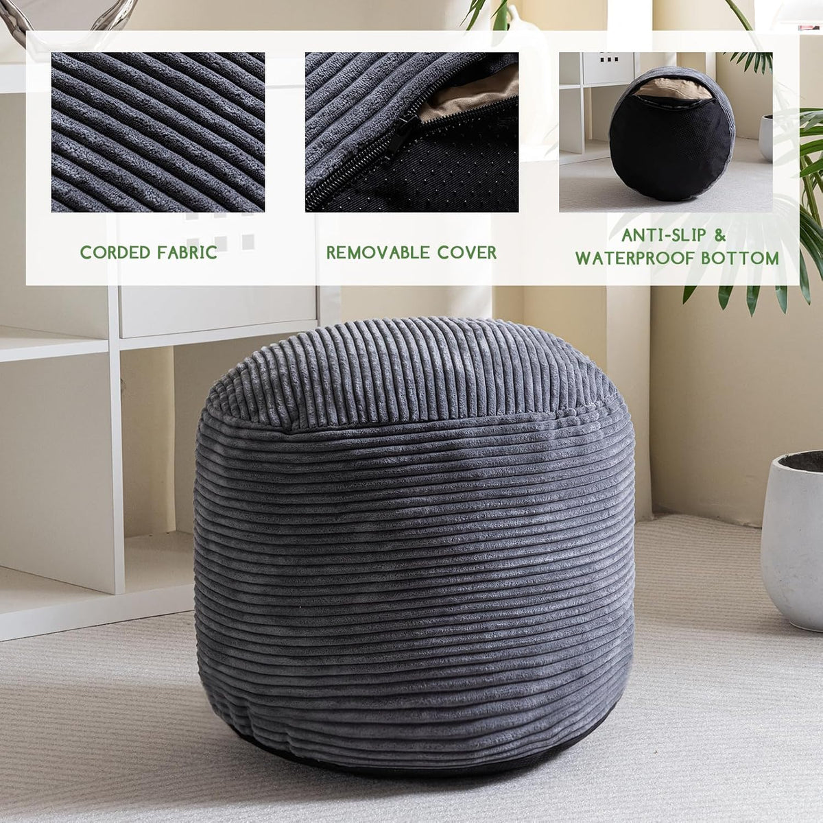 HIGOGOGO Round Stuffed Pouf Ottoman, Corduroy Poufs with Foam Chunk Filling, Furry and Fluffy Pouf