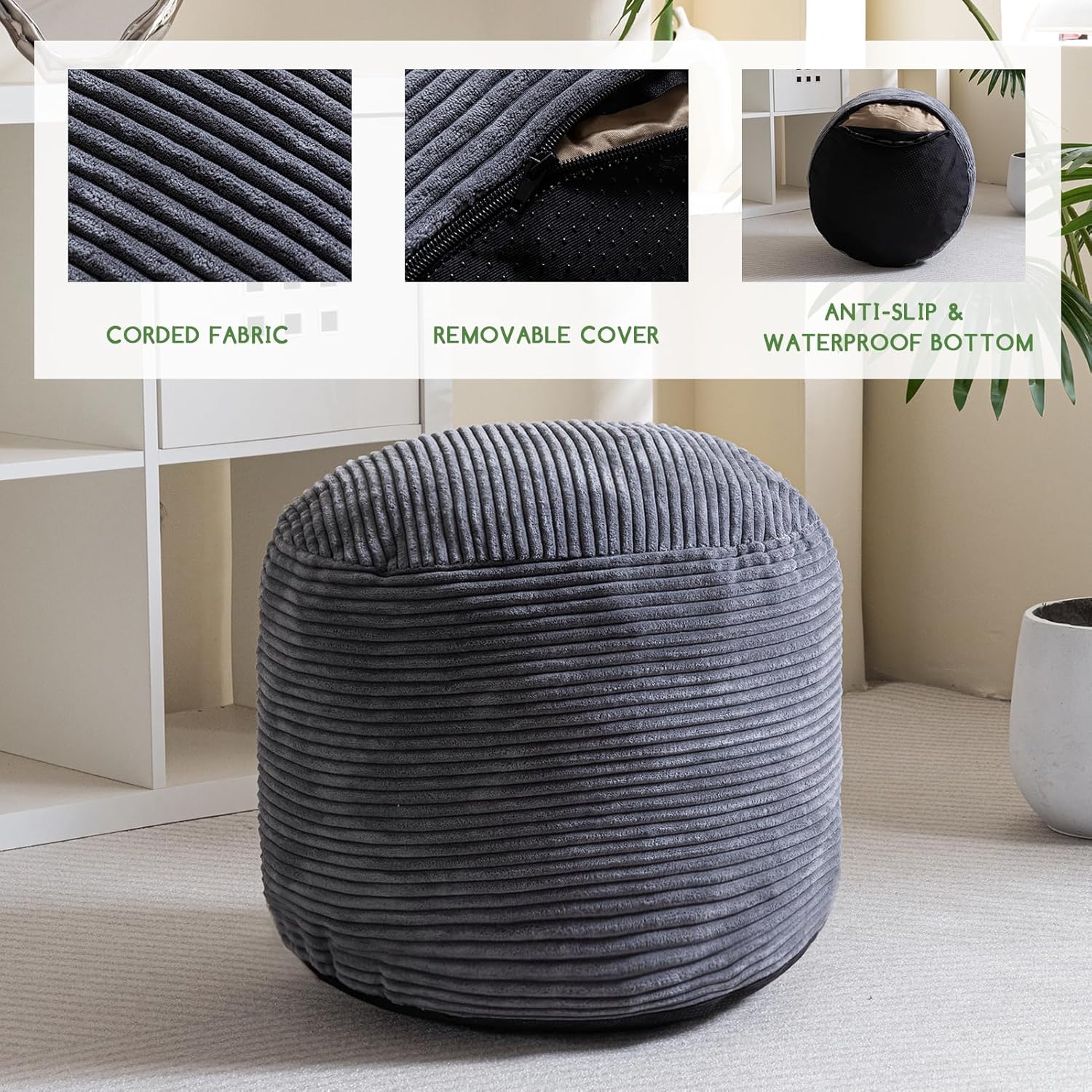 HIGOGOGO Round Stuffed Pouf Ottoman, Corduroy Poufs with Foam Chunk Filling, Furry and Fluffy Pouf