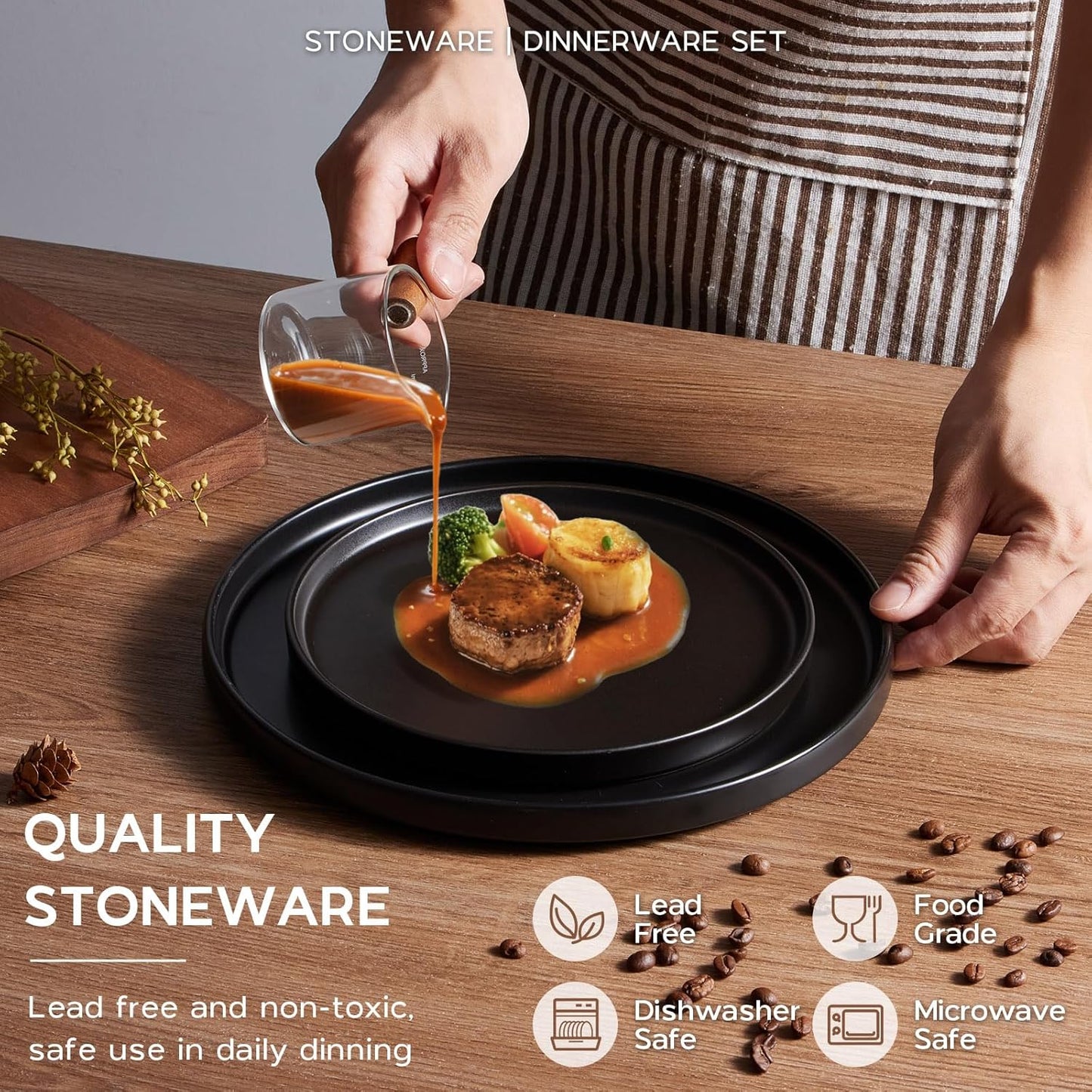Onader 24 Piece Stoneware Dinnerware Sets with Pasta Bowls, Kitchen Dinner Dishes Set for 6, Plates