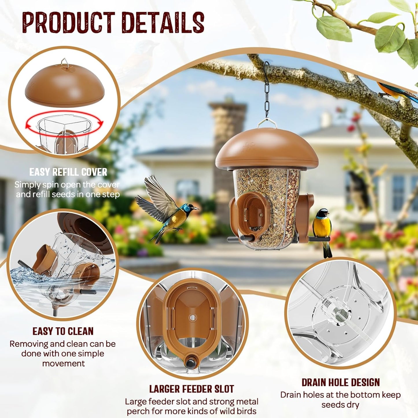 LONA Bird Feeders for Outdoors Hanging – 3 Separate Compartments, 3 Feeding Ports, Weatherproof