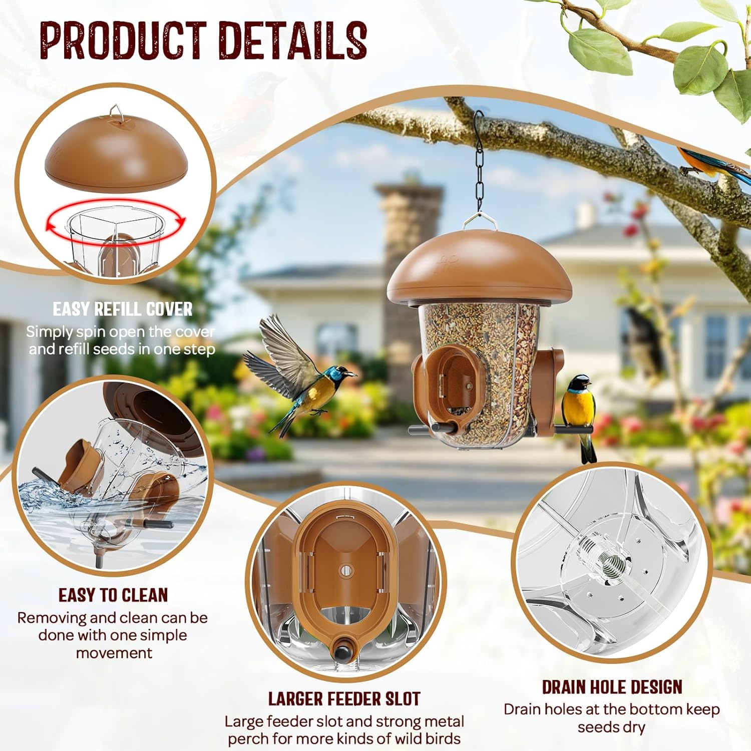 LONA Bird Feeders for Outdoors Hanging – 3 Separate Compartments, 3 Feeding Ports, Weatherproof