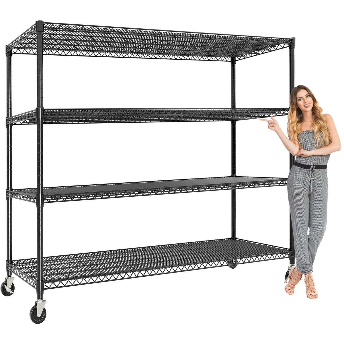 Metal Storage Shelving with Wheels, 4 Tiers Heavy Duty Rolling Storage Shelves with Adjustable Wire