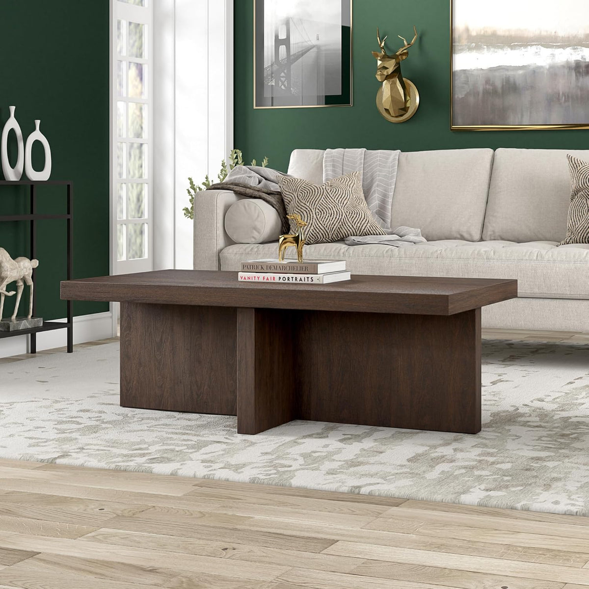 Henn&Hart 44" Rectangular Wood Pedestal Low-Profile Coffee Table for Living Room, Family Room, or