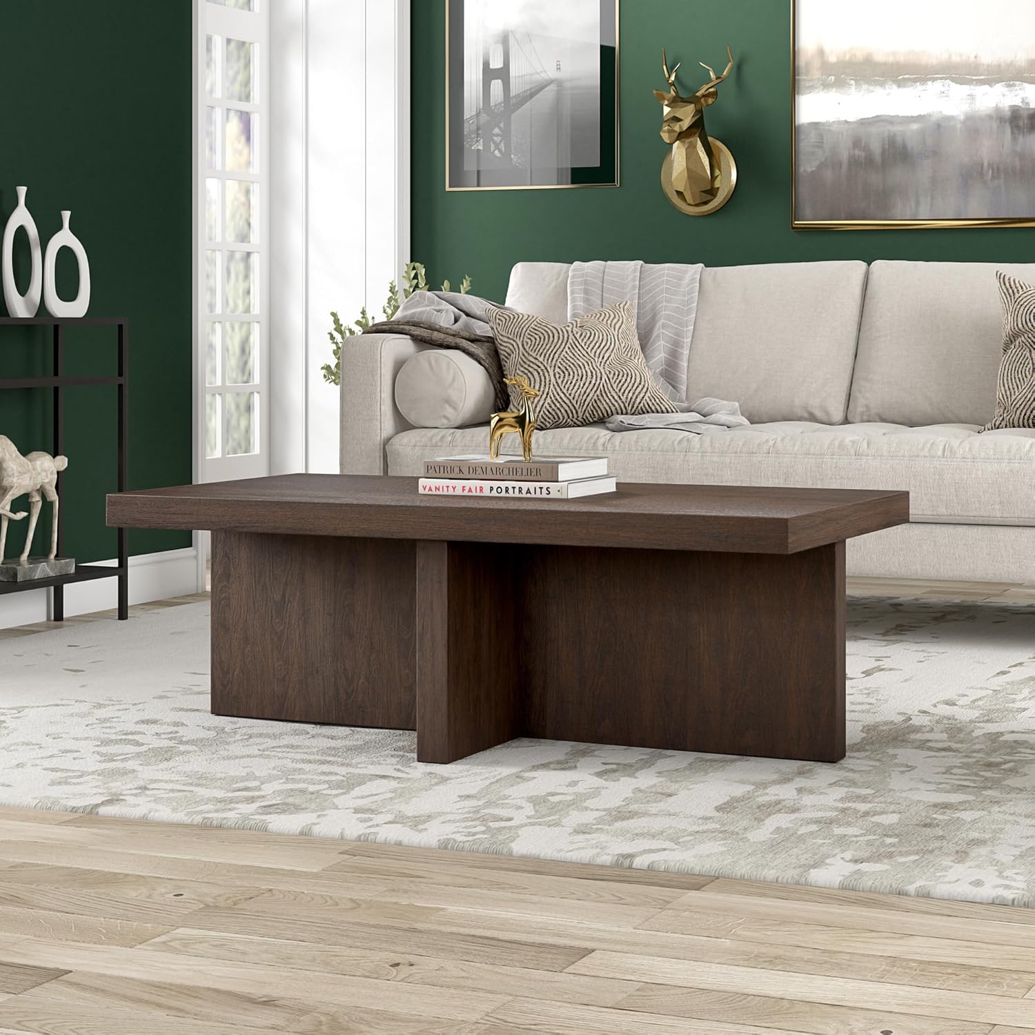 Henn&Hart 44" Rectangular Wood Pedestal Low-Profile Coffee Table for Living Room, Family Room, or