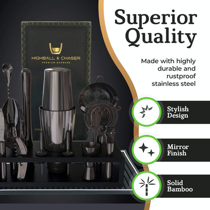Highball & Chaser 13-Piece Gunmetal Black Stainless Steel Boston Cocktail Shaker Bar Tool Set with
