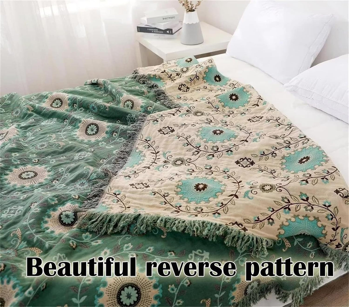 MSGKV Boho Throw Blanket for Couch Bed 100% Cotton Blankets Woven Green Blanket,Versatile Double