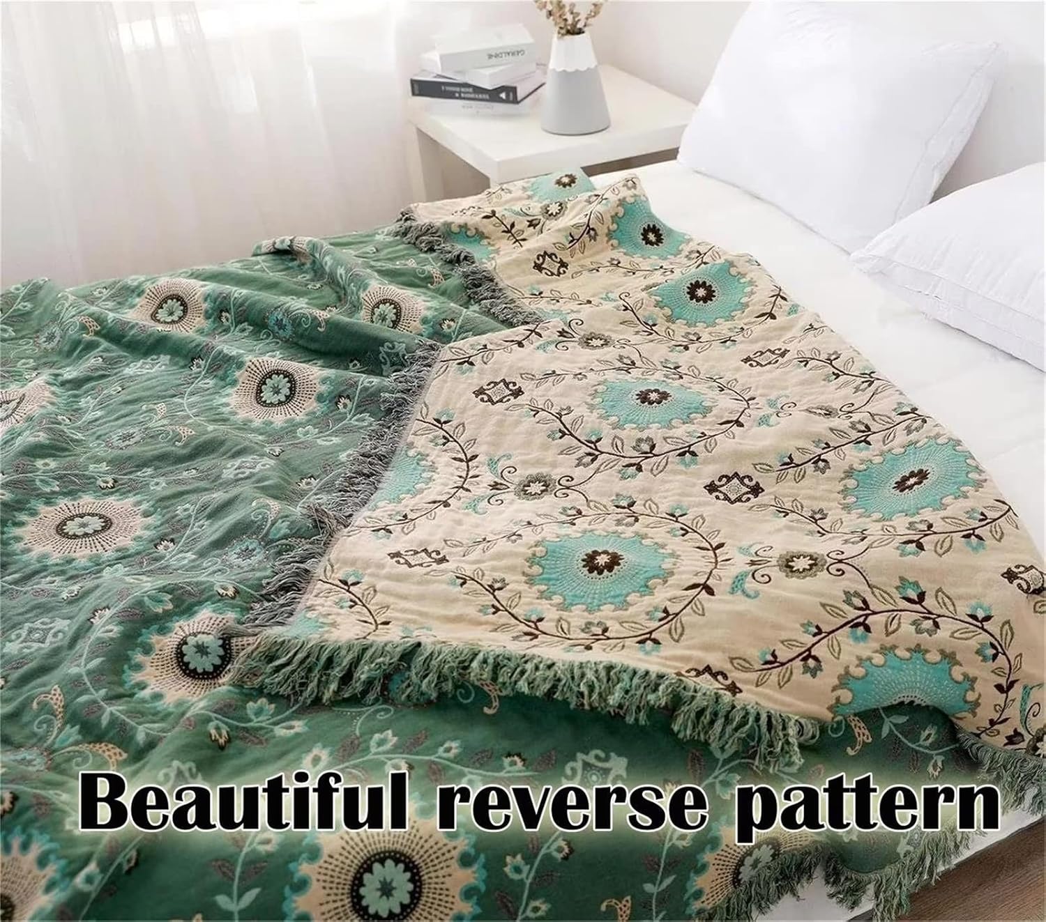 MSGKV Boho Throw Blanket for Couch Bed 100% Cotton Blankets Woven Green Blanket,Versatile Double