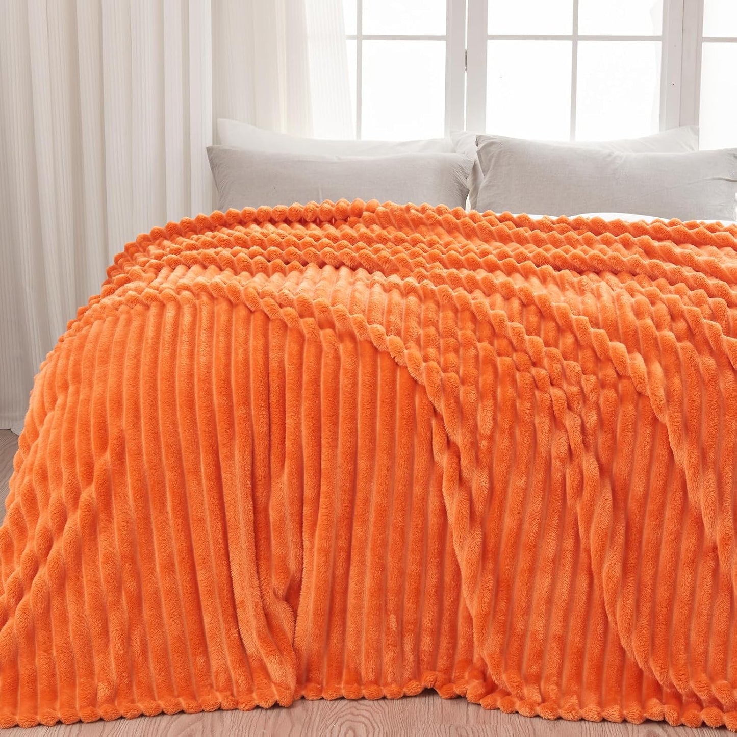 NEWCOSPLAY Super Soft Fall Queen Blanket Orange Premium Silky Flannel Fleece 3D Ribbed Jacquard