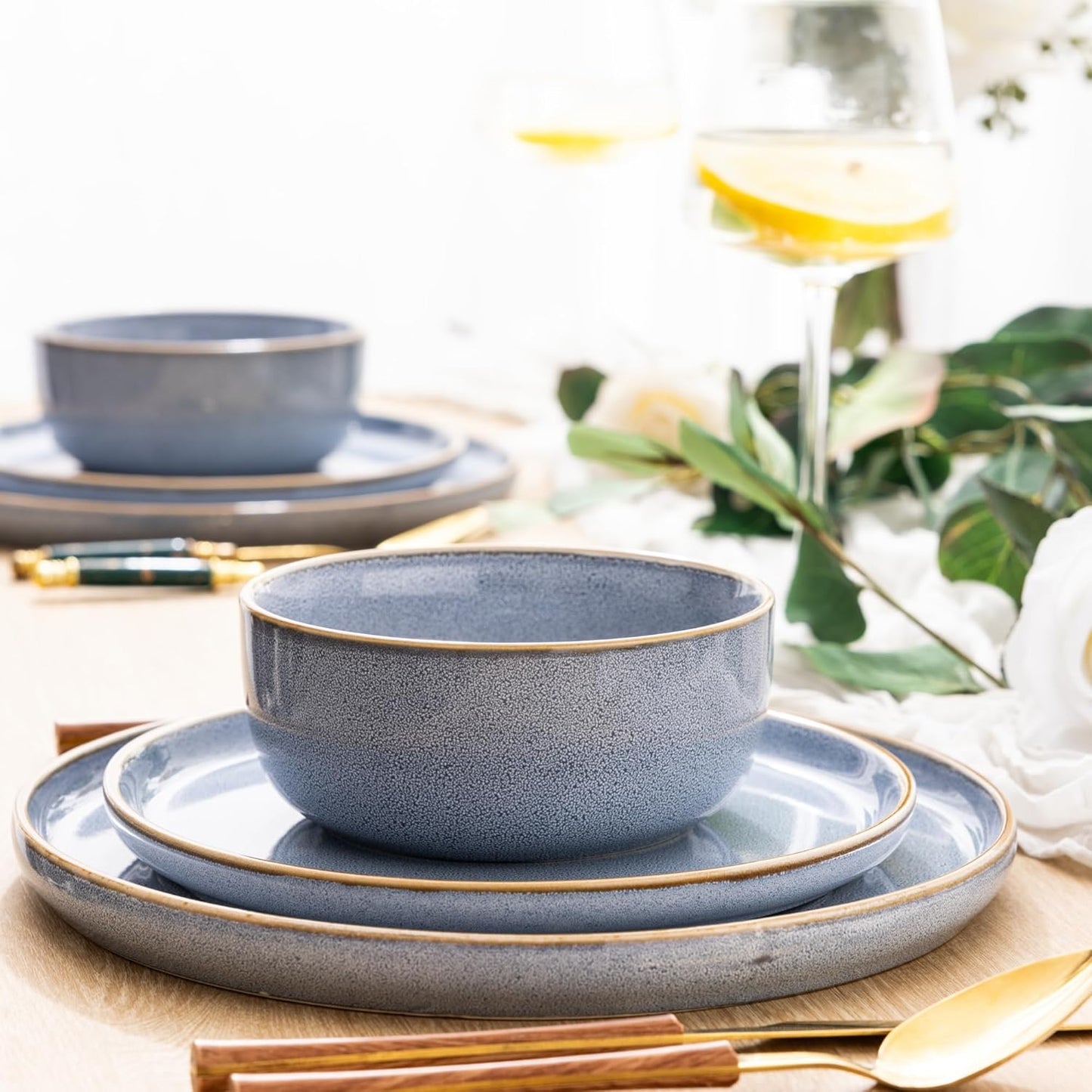 GBHOME Ceramic Dinnerware Sets for 4, 12 Pieces Stoneware Plates and Bowls Sets, Scratch Resistant