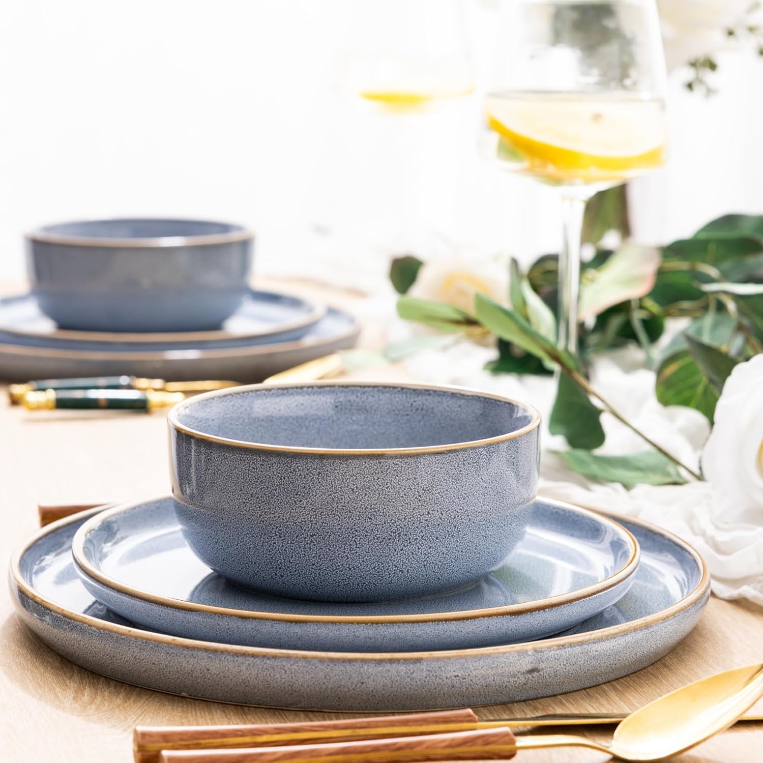 GBHOME Ceramic Dinnerware Sets for 4, 12 Pieces Stoneware Plates and Bowls Sets, Scratch Resistant