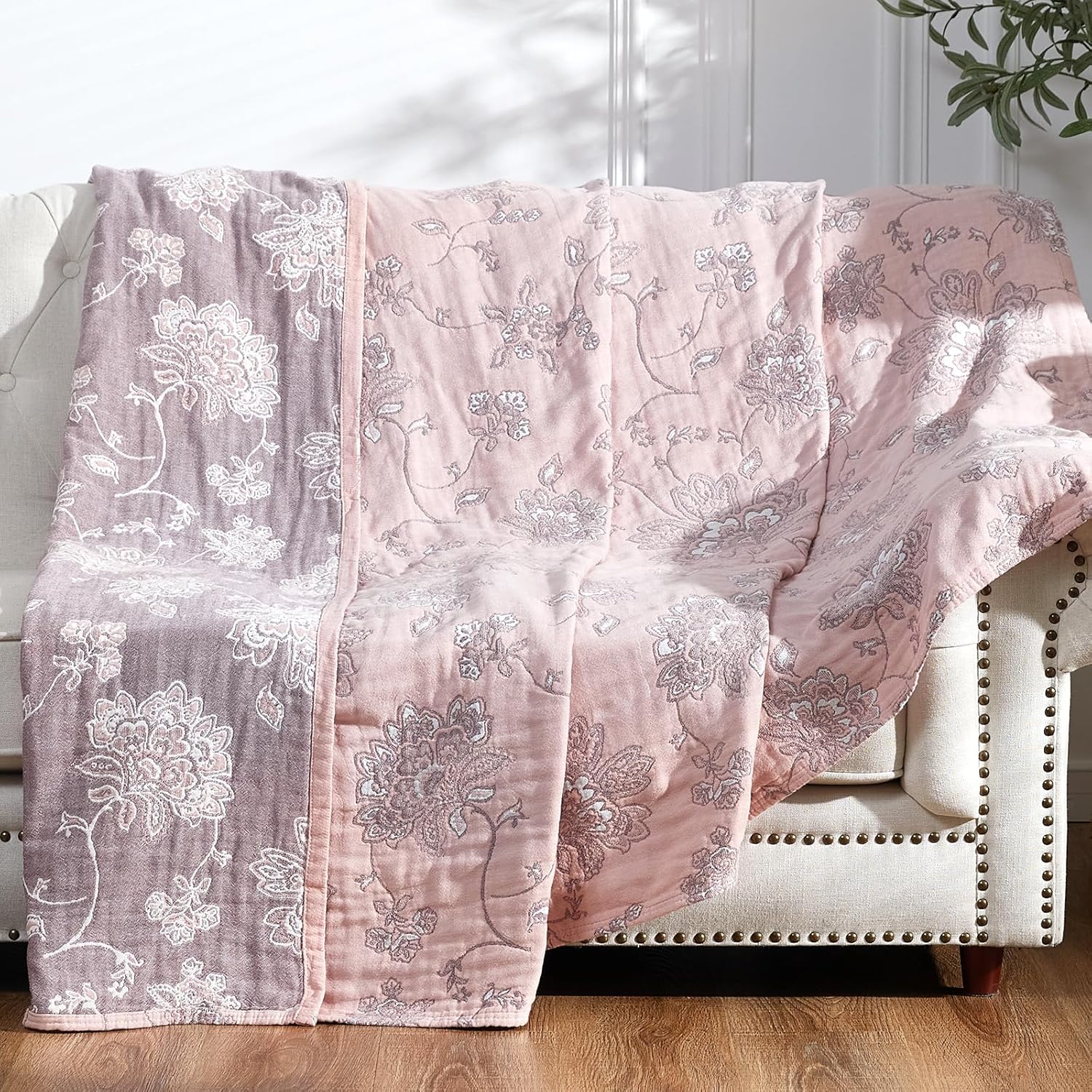 jinchan Boho 100% Cotton Muslin Twin Size 50x60 Inches Blanket Lightweight 4-Layer Quilted Soft